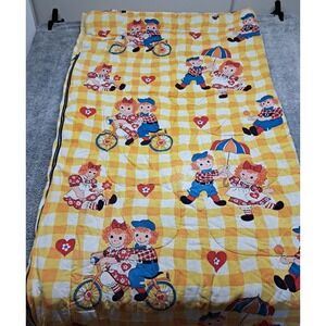 Vintage 1970's Raggedy Ann and Andy Sleeping Bag Quilted Zip Up Blanket Yellow